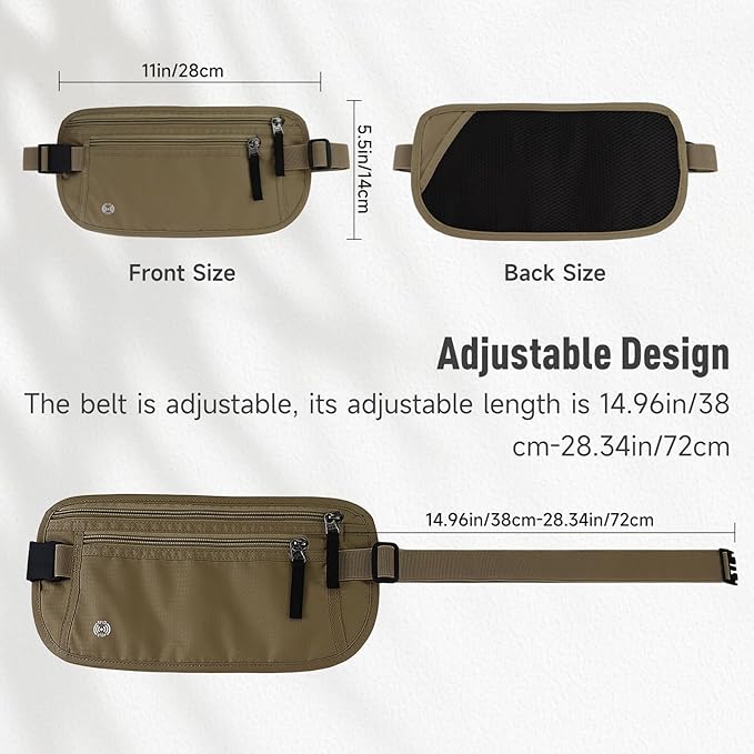 FuninCrea Waterproof Hidden Money Belt for Travel, Anti-Theft Belt Bag with RFID Blocking Function Adjustable Slim Waist Bag with 2 Zipper Pockets and 1 Back Pocket for Travel Running (Style 2, Khaki)