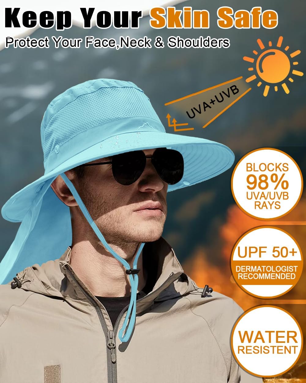 Outdoor Sun Hats with Stowable Neck Flap for Men Women UPF 50+ Mesh Summer Bucket Hat Wide Brim for Fishing Safari Hiking