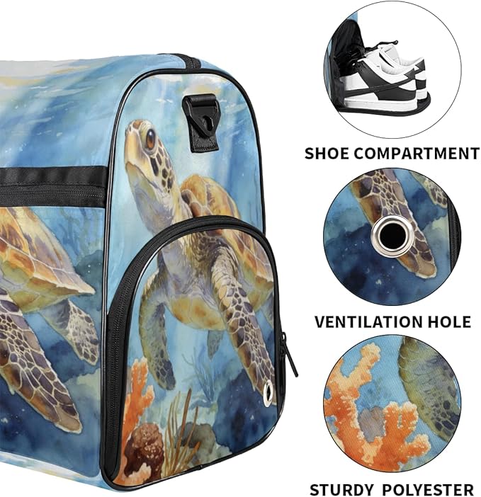 Ocean Turtle Design Sports Gym Bag with Wet Pocket & Shoes Compartment Waterproof Workout Duffel Bag for Women and Men Weekender Overnight Duffle Bag Travel Carry-on Tote