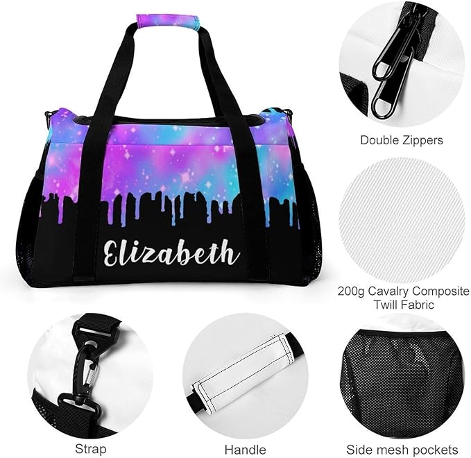Personalized Starry Blue Pink Sparkling Print Duffle Bag with Name for Women Man Custom Travel Perform Training Bag for Men Women Luggage Bag