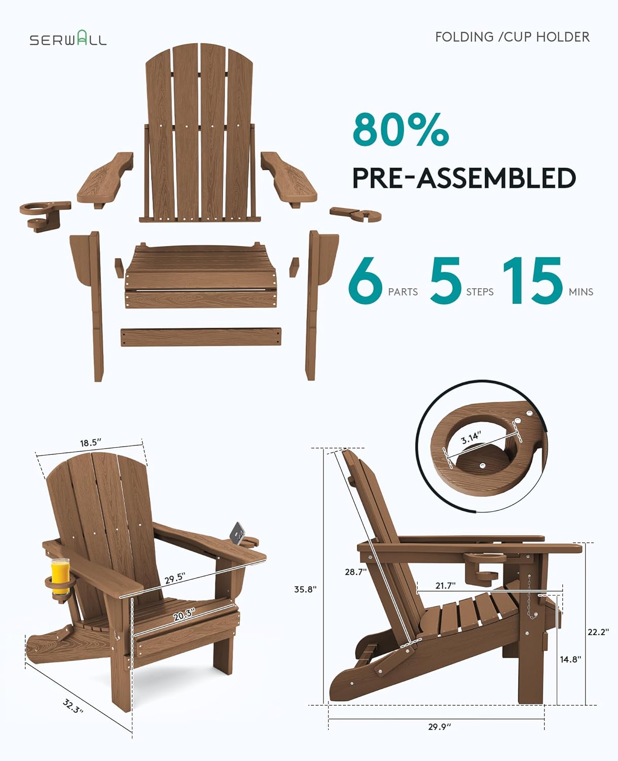 SERWALL Adirondack Chair with Cup Holders - Composite Adirondack Chairs Set of 6 HDPE Outdoor Chairs All Weather Use- Brown
