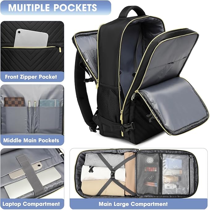 Large Carry On Travel Backpack - Flight Approved Waterproof Anti-Theft Luggage Daypack for Women Men Fit 17 Inch Laptop Business Weekender Overnight Backpack College Bag Personal Item Size Black