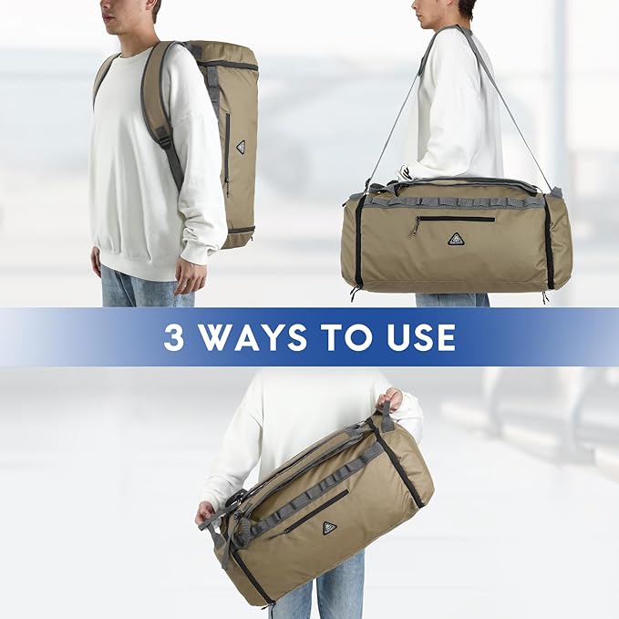 Haimont Duffel Backpack Bag 50L Water Repellent Sports Gym Bag Foldable Men Women with Shoe Compartment for Travel Hiking Camping Outdoor, Upgrade, Khaki