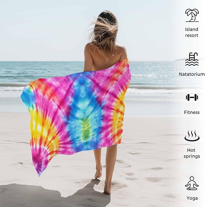 Abstract Tie-Dye Art Beach Towel 35" x 71" Pink Blue Yellow Watercolor Gradient Quick Dry Sand Free Pool Towels Soft & Absorbent Compact Towels Beach Accessories for Travel Bathroom Swimming Pool
