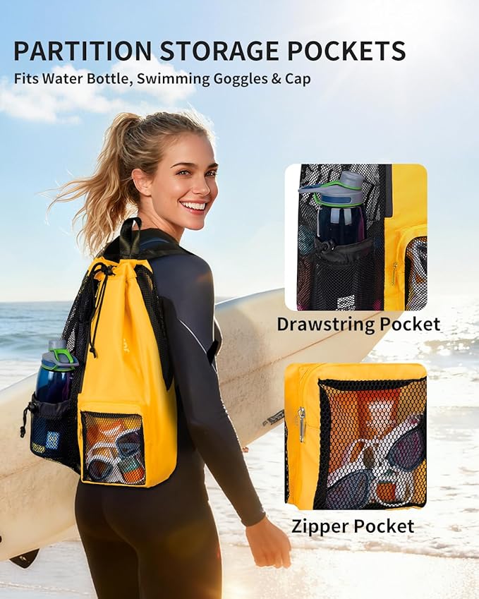 WANDF Swim Bag Mesh Drawstring Backpack with Wet Pocket for Swimming, Gym, and Workout Gear