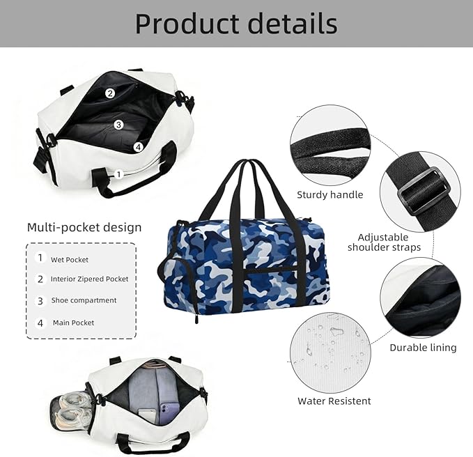 Sports Gym Bag Nave Blue Military Camo Travel Duffel Bag With Shoe Compartment Shoulder Strap, Lightweight Water-Resistant Weekend Overnight Totes For Women Men