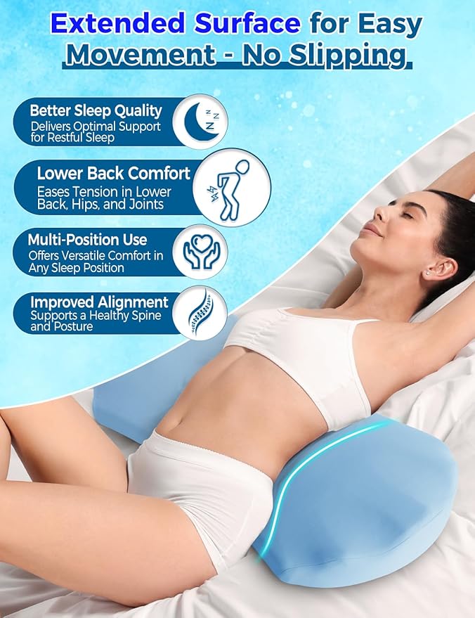 Lumbar Support Pillow for Bed – Memory Foam Lower Back Pain Relief Pillow for Sleeping, Ergonomic Lumbar Pillow for Side & Back Sleepers, Sciatica & Hip Pain Relief, Washable Cooling Cover