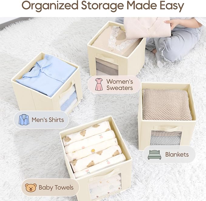 Storage Cube 11 Inch - Cube Storage Bins with Window, Closet Storage Baskets with Handle, Fabric Bins for Closet, Shelves, Toys, Clothes, Set of 14, Beige