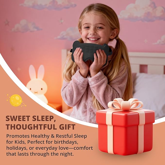 Kids Sleep Mask, 3D Sleeping Eye Mask for Kids with Adjustable Elastic Strap, Bear Shape Eye Cover with Memory Foam, Soft & Light-Blocking, Gift for Boys Girls Teens Age 5–15 (Black)
