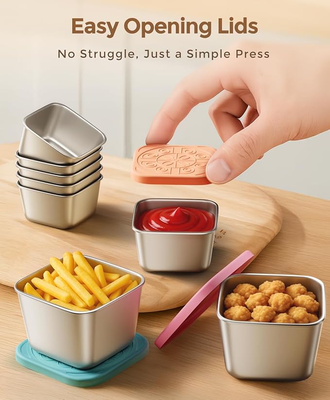 3 Pack 6oz Stainless Steel Snack Containers and 3 Pack 2oz Salad Dressing To Go Containers with Silicone Lids, Reusable Square Meal Prep Condiment Sauce Containers Lunch Box Accessories