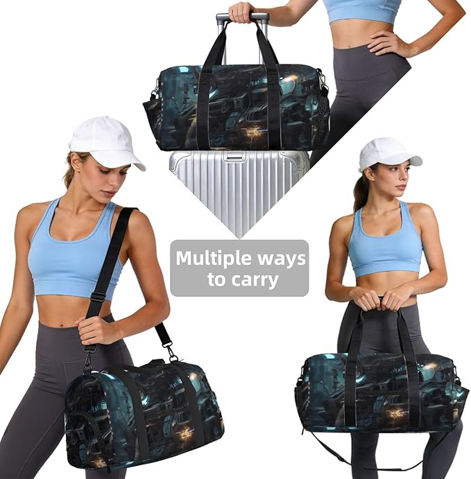 Future Robot Print Gym Bag with Shoe Compartment for Women Men, 17.7in Sports Duffle Weekender Tote, Overnight Travel Duffel Bag Carry On