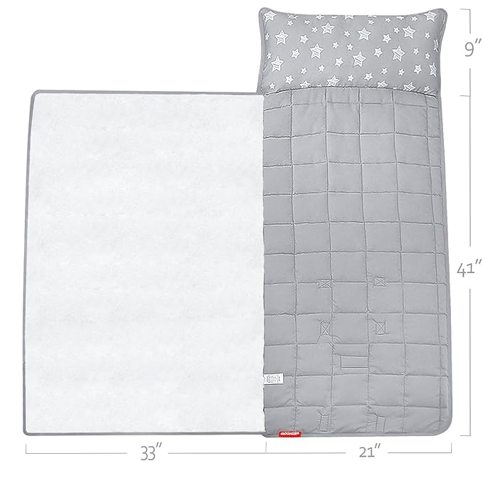 Moonsea Toddler Nap Mat with Pillow and Fleece Minky Blanket Grey, Lightweight and Soft Perfect for Toddlers Preschool, Daycare, Travel Sleeping Bag for Girls, 21" x 50" Fit on a Standard Cot