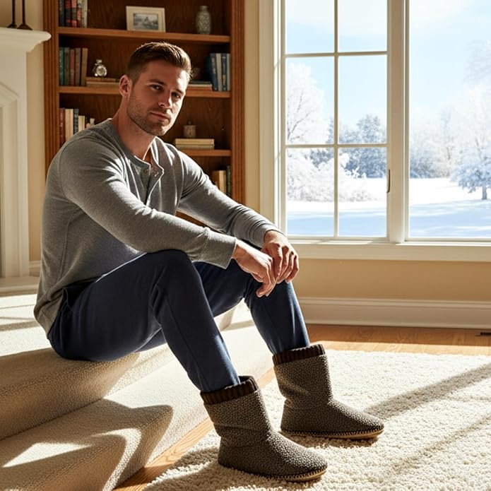cosyone1997 Boot Slippers for Men Indoor Soft Sole, Warm Fuzzy Slipper Socks with Non Slip Grips