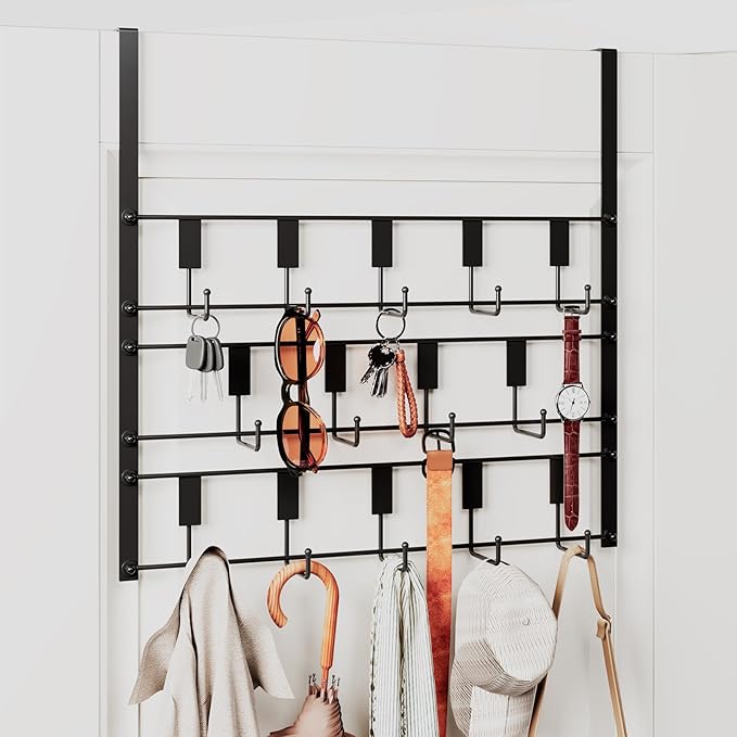 Over The Door Hooks for Hanging, 14 Hooks Over Door Coat Hanger, Coat Clothing Rack and Towel Rack for Bathroom Organizer, Door Hanger Organizer Kitchen, Bathroom Towel Storage Decor Black