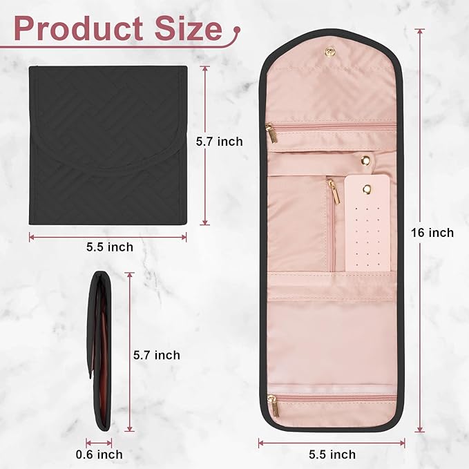 Travel Jewelry Roll Organizer Bag Foldable and Anti-Lost Jewelry Holder Storage for Rings, Necklaces, Bracelets, Earrings and Accessories, Small Black