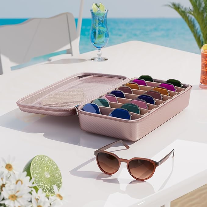 Travel Sunglasses Organizer, Hard Shell Sunglass Case Adjustable Slots for Multiple Sunglass Eyeglass Case