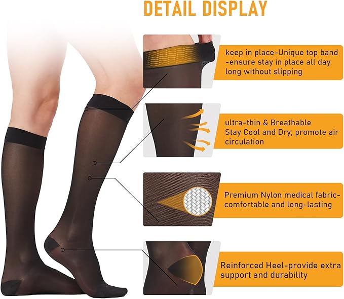2 Pairs Sheer Compression Socks for Women - 15-20 mmHg Knee High Sheer Compression Stockings for Support Circulation Swelling Edema Work Office Travel, Black, Large