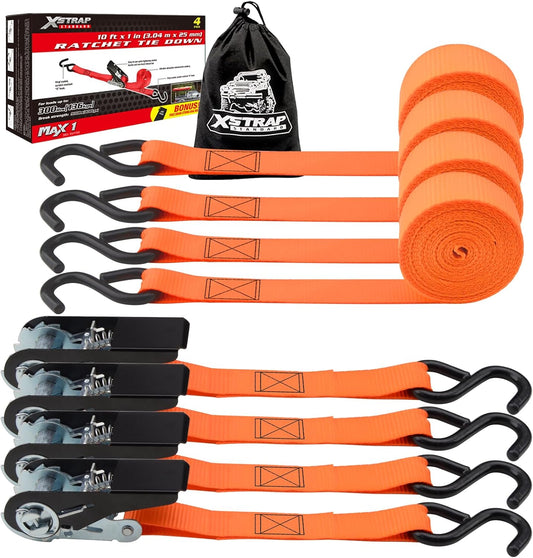 XSTRAP STANDARD Ratchet Tie Down Straps 4 Pk 10 Ft- 300 Lbs Load Cap- 900 Lbs Break Strength-Cargo Straps for UTV, ATV, Pickup,Truck, Moving Appliances, Lawn Equipment, Orange