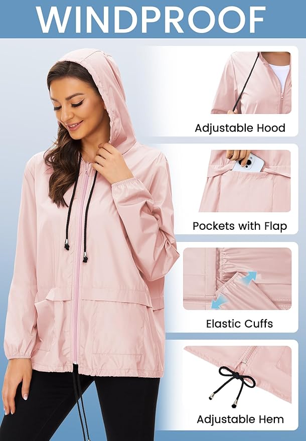 Zando Lightweight Rain Jacket Women Waterproof - Raincoat for Women Packable Rain coat Hooded Windbreaker for Travel Outdoor