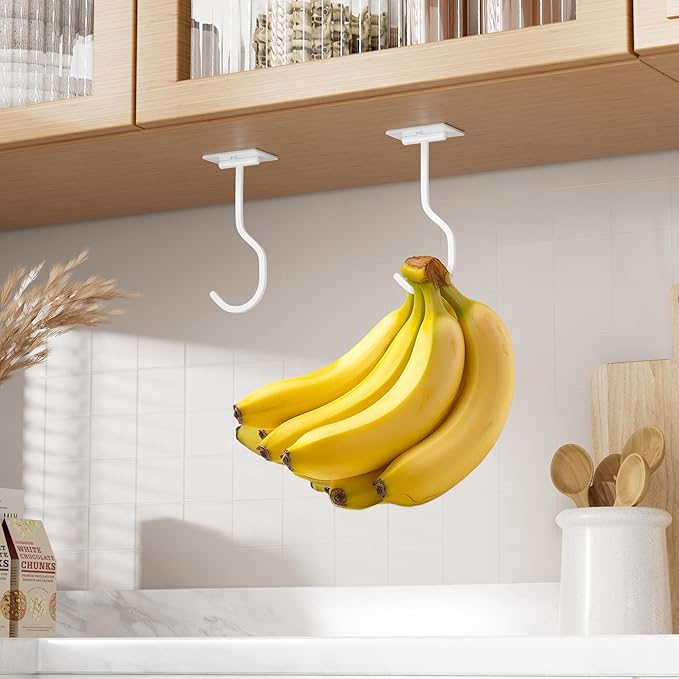 Banana Hook Under Cabinet: Foldable Banana Hanger Adhesive, Hanging Banana Holder, Stick On, Premium Material, Can Hold 20 Bananas, White