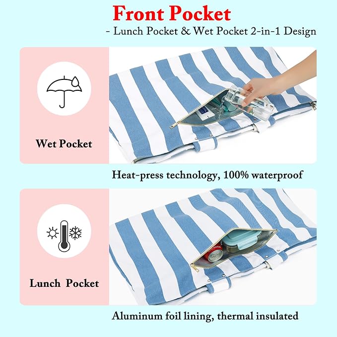 Large Canvas Beach Bag for Women, Beach Bags Waterproof Sandproof with Zipper & Wet Bag Cruise Essentials