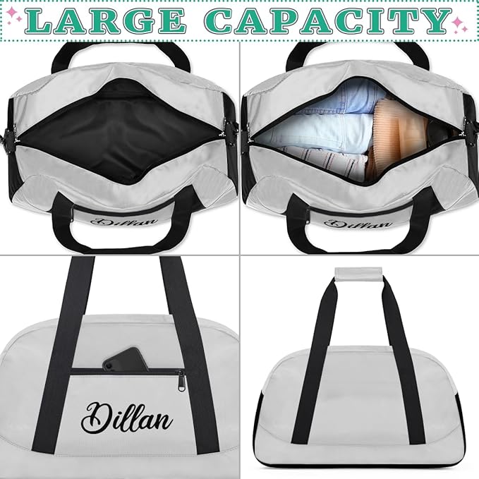 Custom Name Gym Duffel for Kids,Personalized Sports Bag Lightweight Gym Bags for Boys & Girls,Fitness Travel Weekender for Travel, and Workout Light Gray