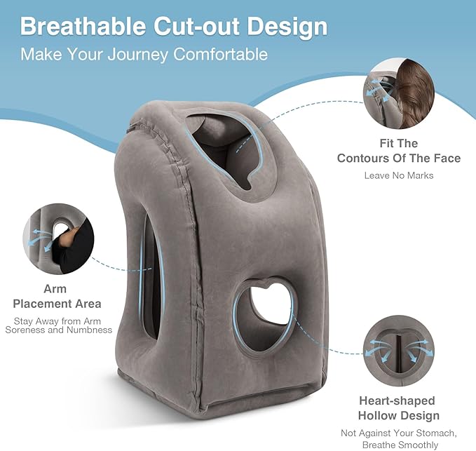 MoKo Inflatable Travel Pillow, Comfortable Neck Pillow with Storage Bag Support Shoulder and Neck to Avoid Pain for Airplane Train Office Car Travel Home, Gray