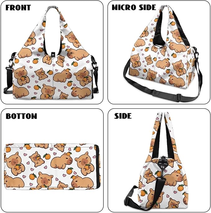 Capybara Workout Bag for Women with Yoga Mat Holder and Shoe Compartment White Gym Bag Waterproof Gym Duffel for Swimming, Stylish Fitness Duffel Bag