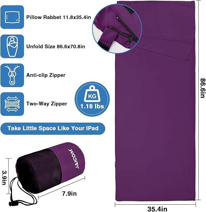 Sleeping Bag Liner, Travel Sheets & Adult Sleep Sack, Ultralight and Portable Summer Sleeping Bag - Ideal for Backpacking, Hotels and Hostels, Business Trips, Camping