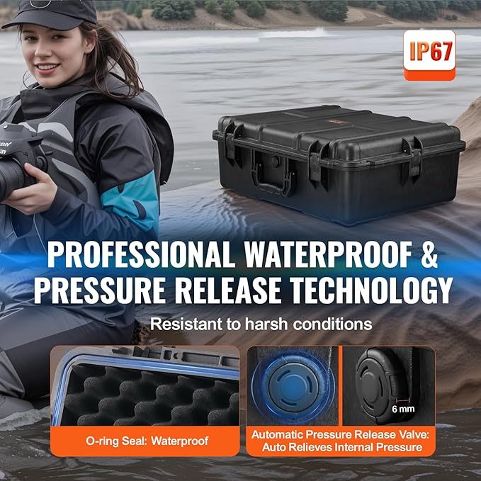 VEVOR Weatherproof Hard Case, Heavy Duty Protective Dry Box with Pre-cut Foam, and Retractable Pull Handles for Travel, Hunting, Military, Tactical, IP67 Waterproof Case for Cameras (24.4×19.3×8.9)