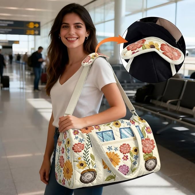 COEQINE Quilted Luggage Bag for Women Travel Quilted Tote Bag Large Floral Hipper Car Camper Print Weekender Overnight Bag Quilted Carry On Tote Handbags