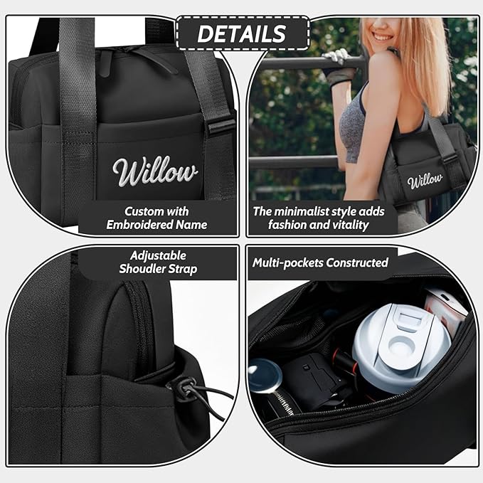 Personalized Mini Gym Bag for Women, Custom Embroidered Name Yoga Tote, Waterproof PU Fitness Duffle with Wet Compartment (black duffle bag)