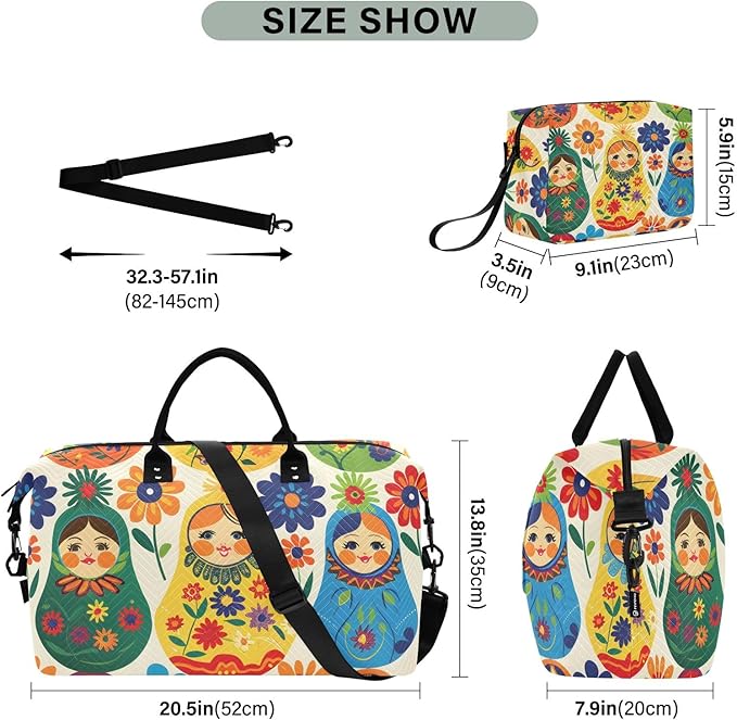 Travel Duffle Bag, Matryoshka Russian Traditional Wooden Doll Gym Bag with Storage Bag Weekender Overnight Bag for Men Women Trip Sports Yoga