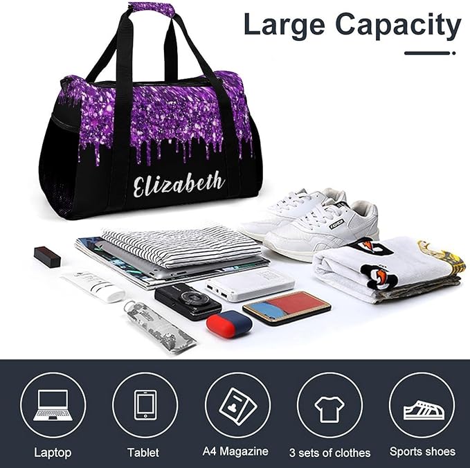 Purple Sparkle Sequin Print Duffle Bag for Men Women, Personalized Custom Name Text Crossbody Bags, Travel Sport Gym Perform Training Gym Bag