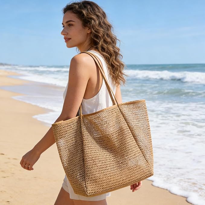 Women's mesh beach bag, summer travel mesh tote bag with large inner pocket, essential for pool vacation beach