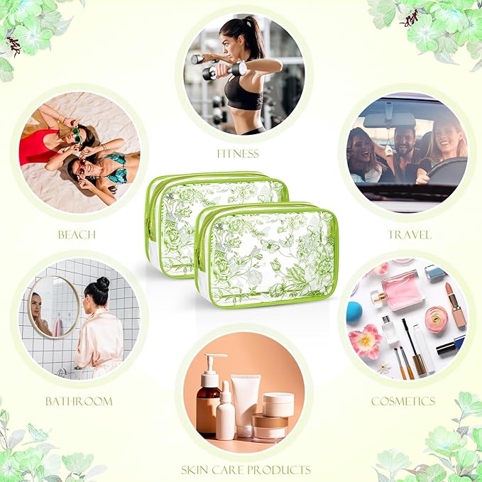 Set of 10 Clear Floral Cosmetic Bags PVC Makeup Bags Waterproof Travel Organizer Toiletry Pouches for Wedding Birthday Baby Shower Party Ideal Gift for Women Nurse Bridesmaid(Sage Green)