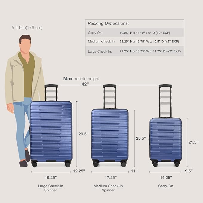 U.S. Traveler Boren Expandable Hardside Rugged Travel Luggage with 8 Spinner Wheels, Navy, Checked-Medium 26-Inch