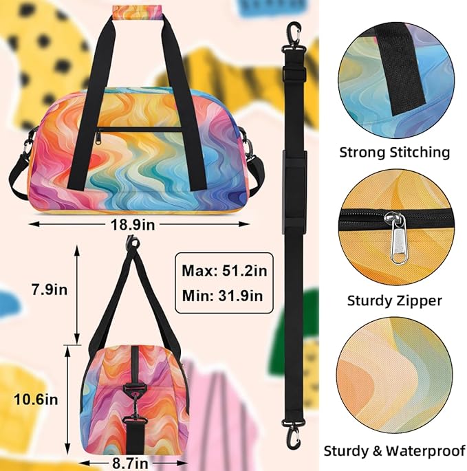 Sports Duffel Bags, Rainbow Colored Stripes Water-Resistant Gym Duffle Bag for Men Women, Lightweight Weekender Overnight Bag for Fitness, Workout, Travel