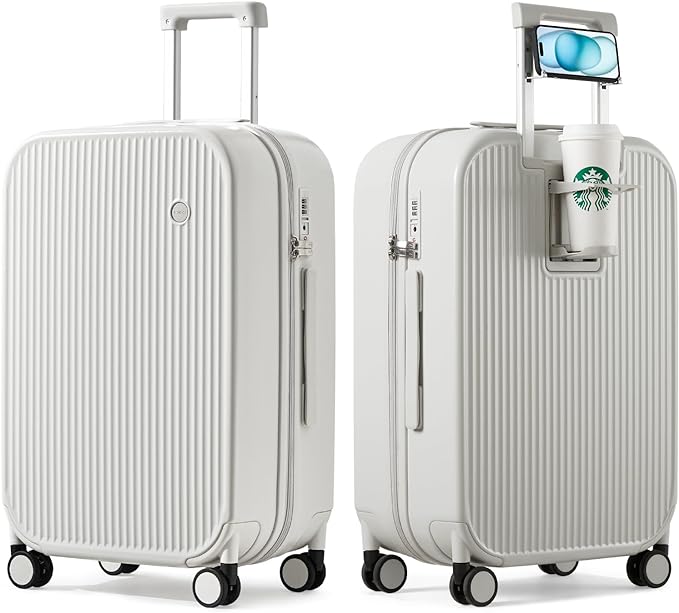 mixi Checked Luggage with Cup Phone Holder Hard Shell Rolling Travel Suitcase with Spinner Wheels,24 Inch Smoke White