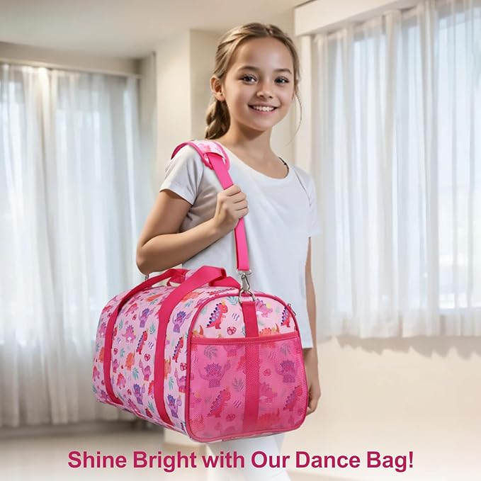Bagseri Dance Bag for Girls - Kids Duffle with Shoe Compartment, Gymnastics Tote for Sleepover Travel with Water Resistant Wet Pocket (Pink & Crown Dinosaur)