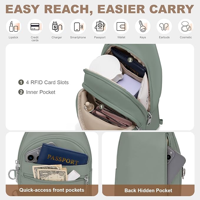 Sling Bag for Women, Anti-Theft RFID Crossbody Bag Nylon Sling Purse for Travel, Puffy Small backpack for Daily Hiking Sports Green