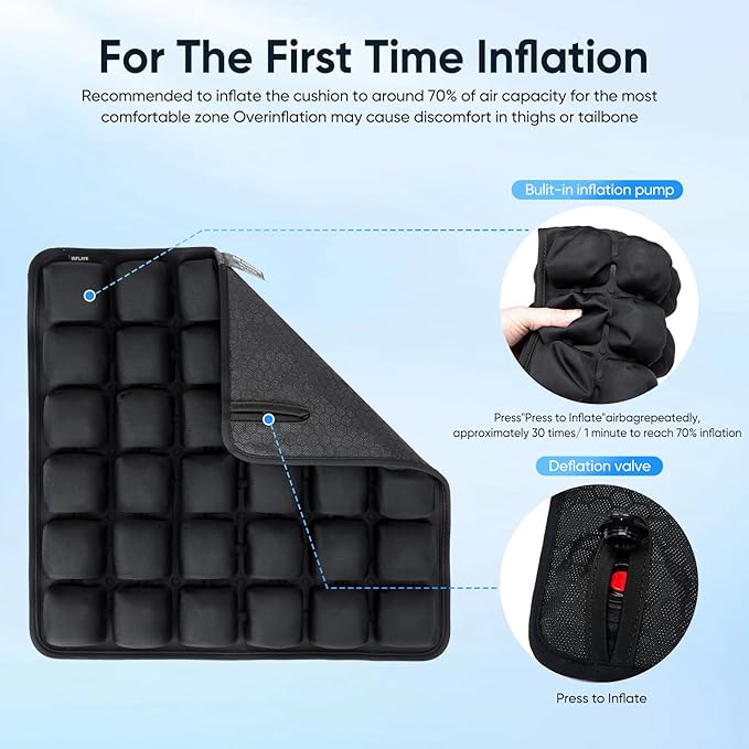 Travel mat - inflatable bubble design, used for car/office/airplane seat cushion, equipped with storage bags. Ergonomically designed 3D inflatable airbag, including neck pillow kit (Rectangle)