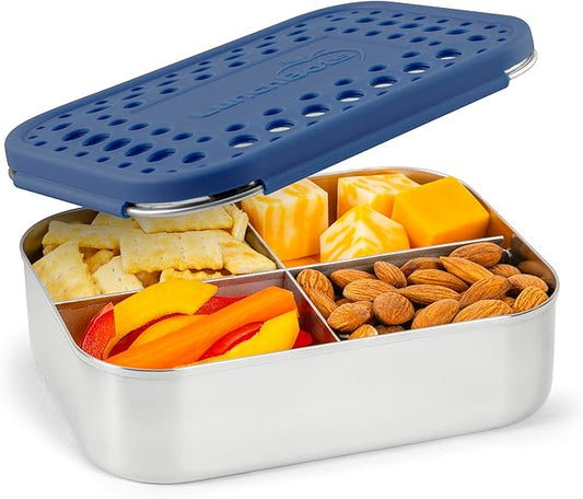 LunchBots Medium Quad Snack Container - Divided Stainless Steel Food Container - Four Sections for Finger Foods On the Go - Eco-Friendly, Dishwasher Safe - Stainless Lid - Blue Dots