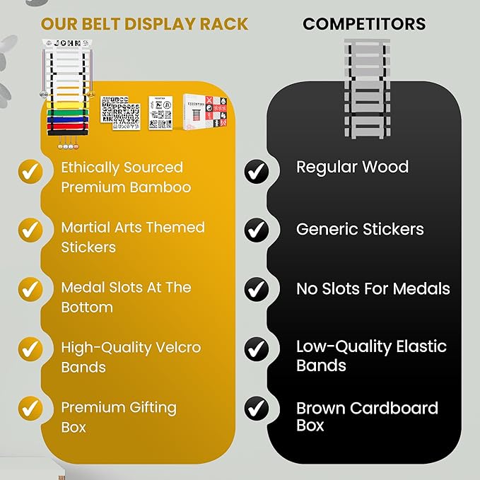 10/12 Belts Karate Belt Display Rack, Pure Bamboo Wood, Themed Stickers, Medal Hangers - Taekwondo Belt Display, Jiu Jitsu, BJJ, Martial Arts