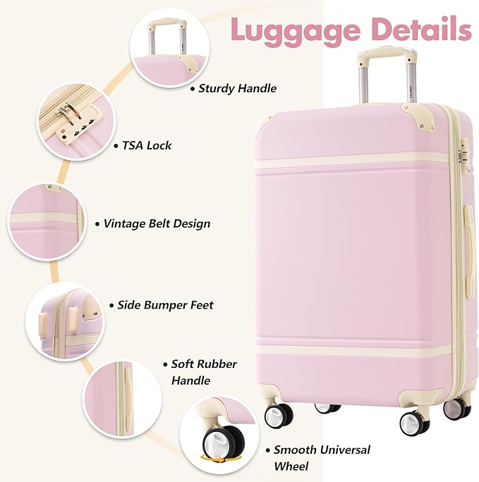 Merax 28 Inch Checked Luggage, Expandable Suitcase with Spinner Wheels, Hard Shell Vintage Luggage Set with TSA Lock(Light Pink)