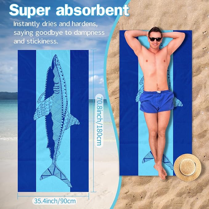 Shark Beach Towel - 35x70 Inch Fast Dry Microfiber Towel, Lightweight & Versatile for Beach, Pool, Yoga, Travel, Ideal as Beach Blanket & Vacation Essential