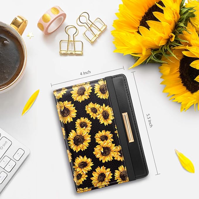 Women's Black Floral Sunflower Passport Wallet Cover with RFID Blocking, 7 Compartments, 4 Card Slots, Magnetic Closure