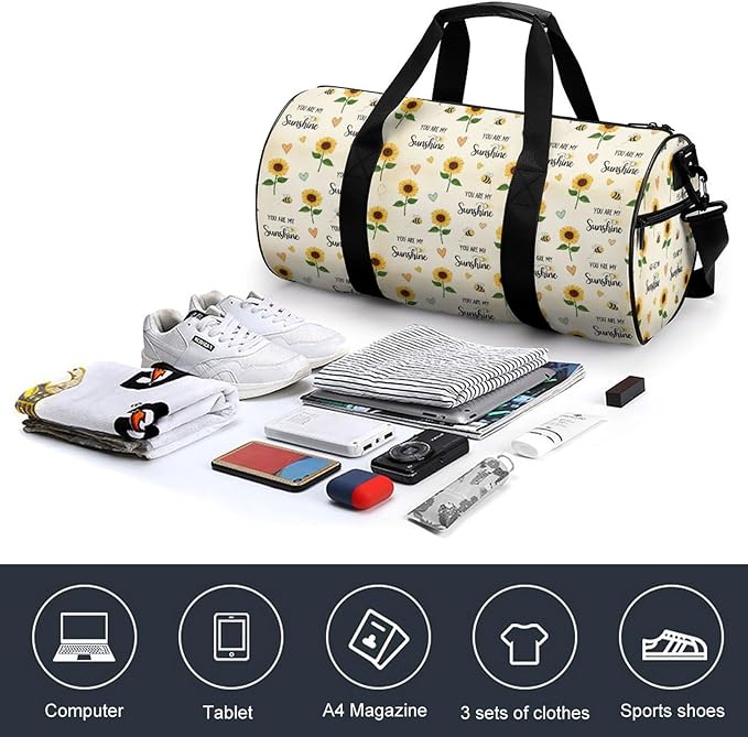 Weekender Carry on Beach Yoga Overnight Luggage Bag Gym Sports Travel Workout Bag Overnight Bags (You Are My Sunshine Bees Sunflowers Print)