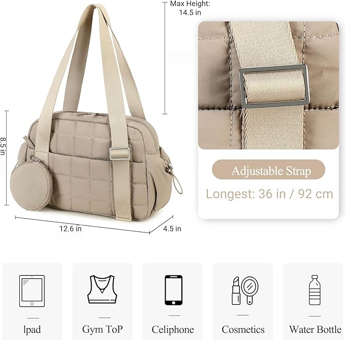 CAMTOP Mini Gym Bag for Women, Small Gym Tote Bag Puffy Quilted Sports Duffel Bag with Wet Compartment and Coin Purse Duffel Bags Dance Yoga Workout Bag for Gifts (Camel, Mini-12.6")