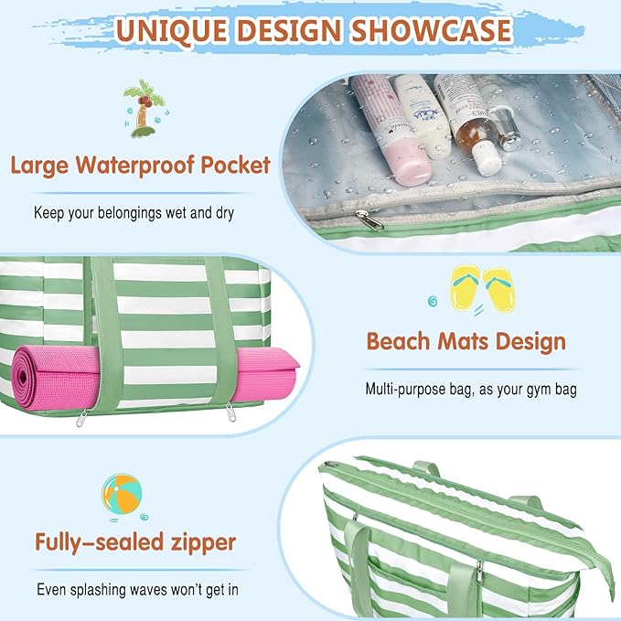 Extra Large Beach Bags for Women, Waterproof Sandproof Beach Tote Bag Foldable Swim Pool Bag with Zipper and Wet Pocket